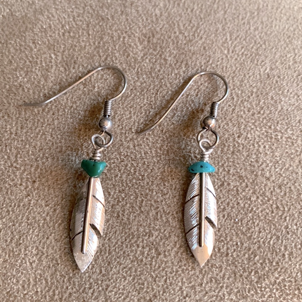 Vintage Silver and Turquoise Feather Earrings